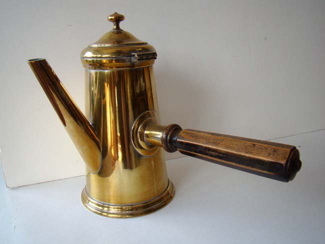 A rare antique brass Coffee pot with side mounted octagonal turned fruitwood handle circa 1840